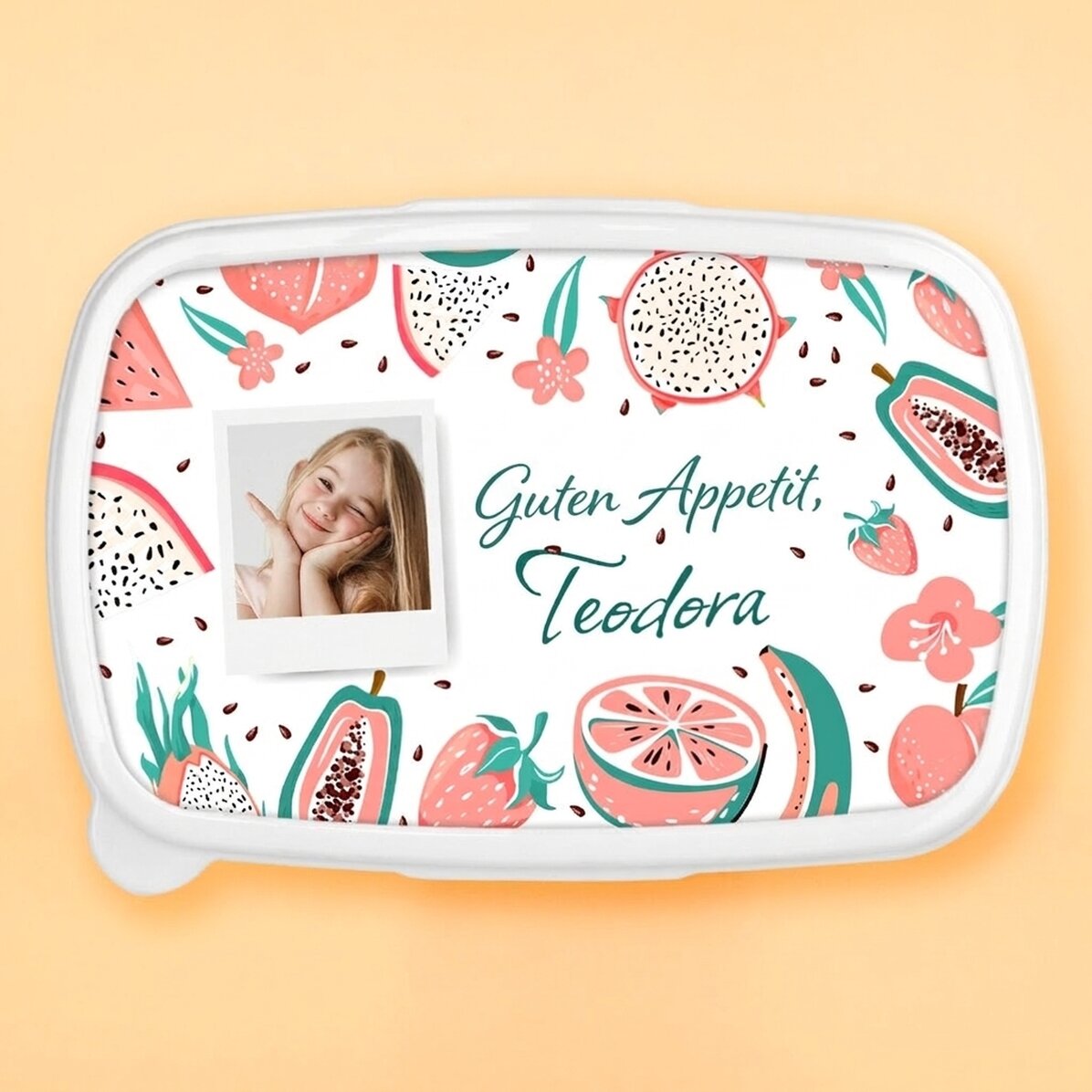 Lunchbox, personalisierte Auflaufform mit Foto und Botschaft – Obst