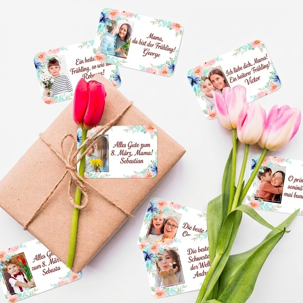 Set mit 8 individuell gestalteten Aufklebern (selbstklebende Etiketten) mit Fotos und einer Botschaf