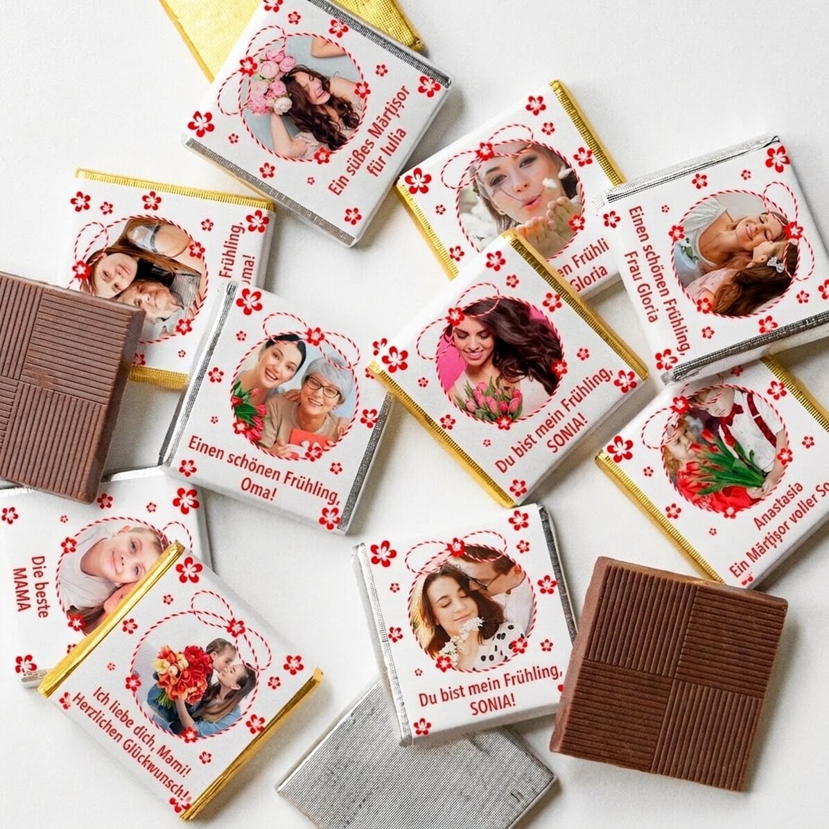 Set mit 10 personalisierten Mini-Pralinen mit Fotos und Text