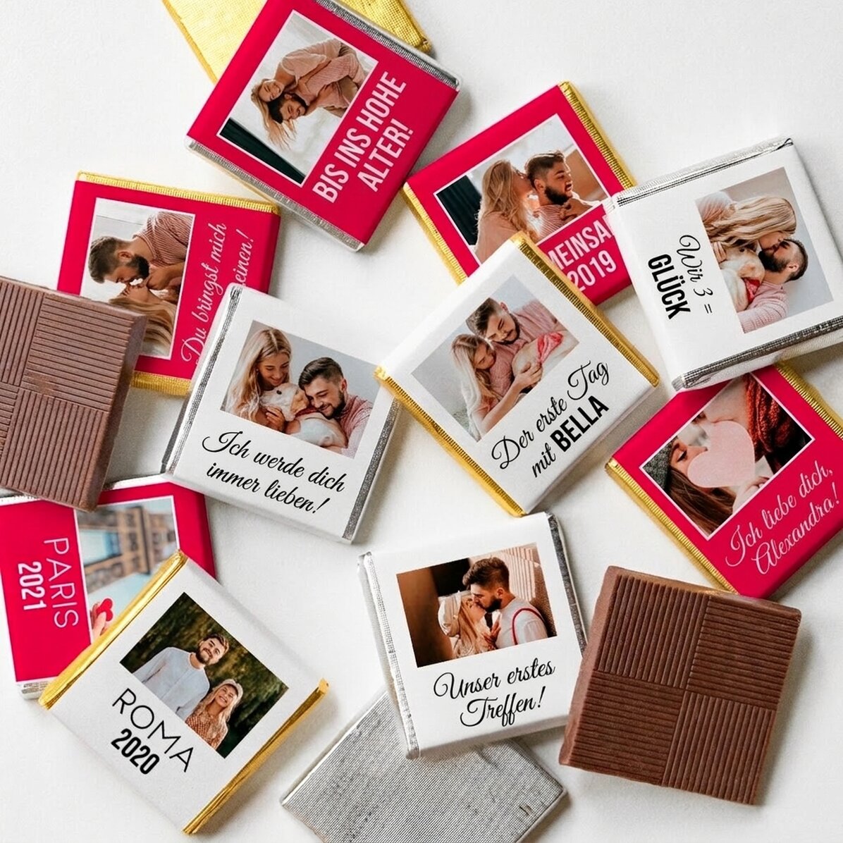 Set mit 10 personalisierten Mini-Pralinen mit Fotos und Text