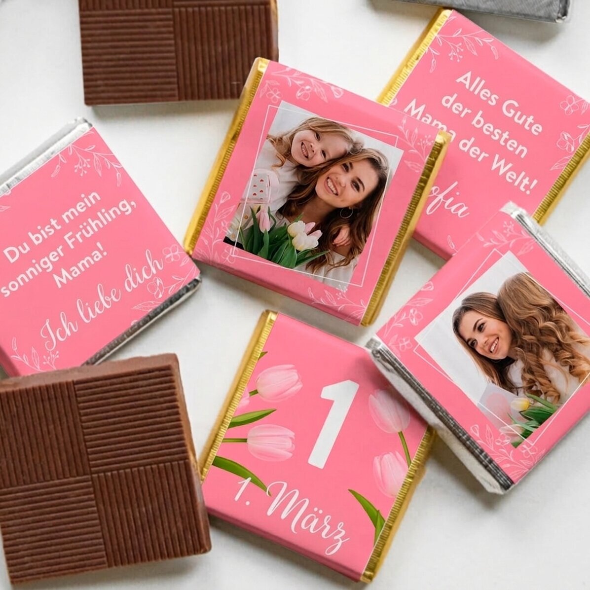 Set mit 5 personalisierten Mini-Pralinen mit Fotos und Text – Mama