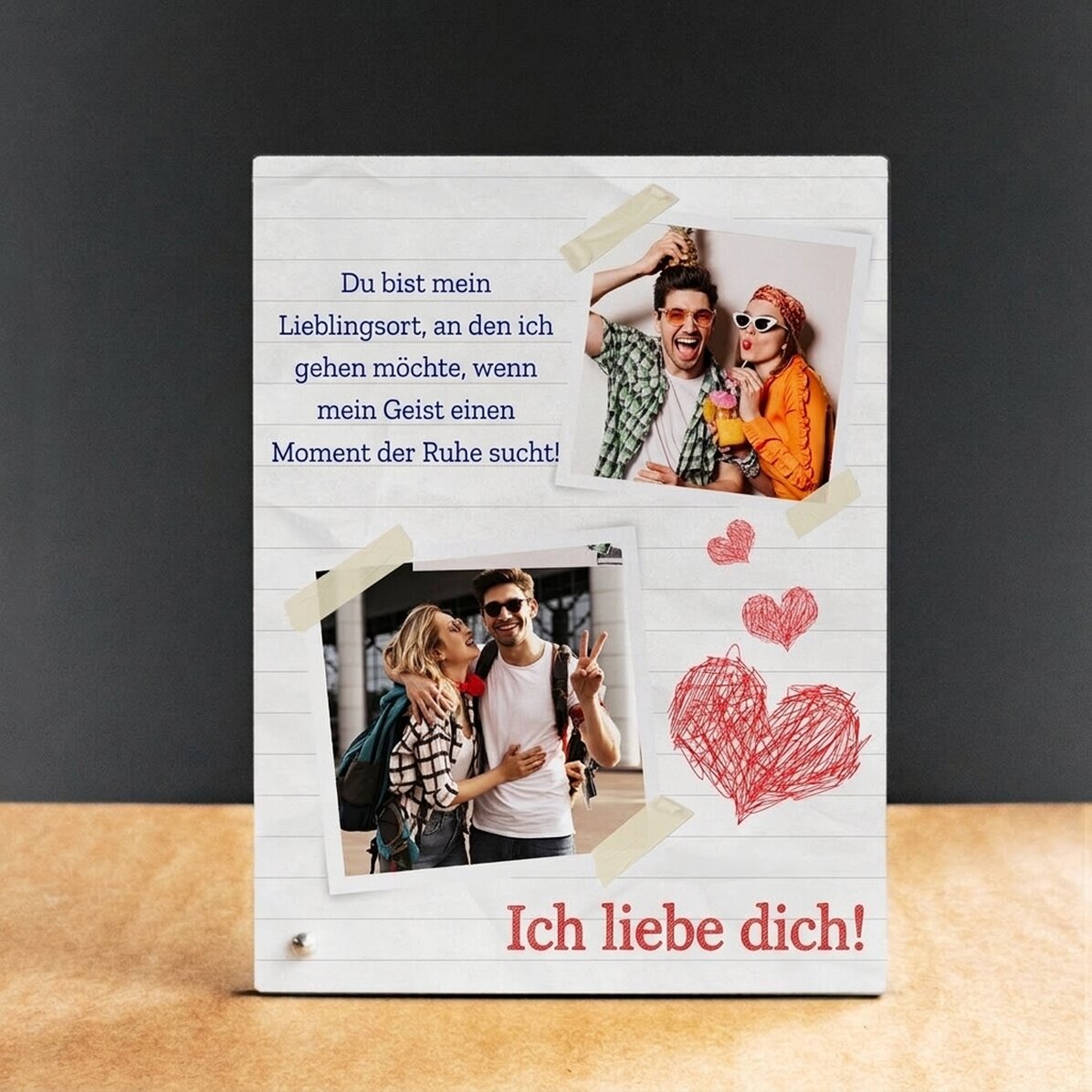 Personalisierter Fotorahmen für den Schreibtisch mit 2 Fotos und Text – Ich liebe dich!