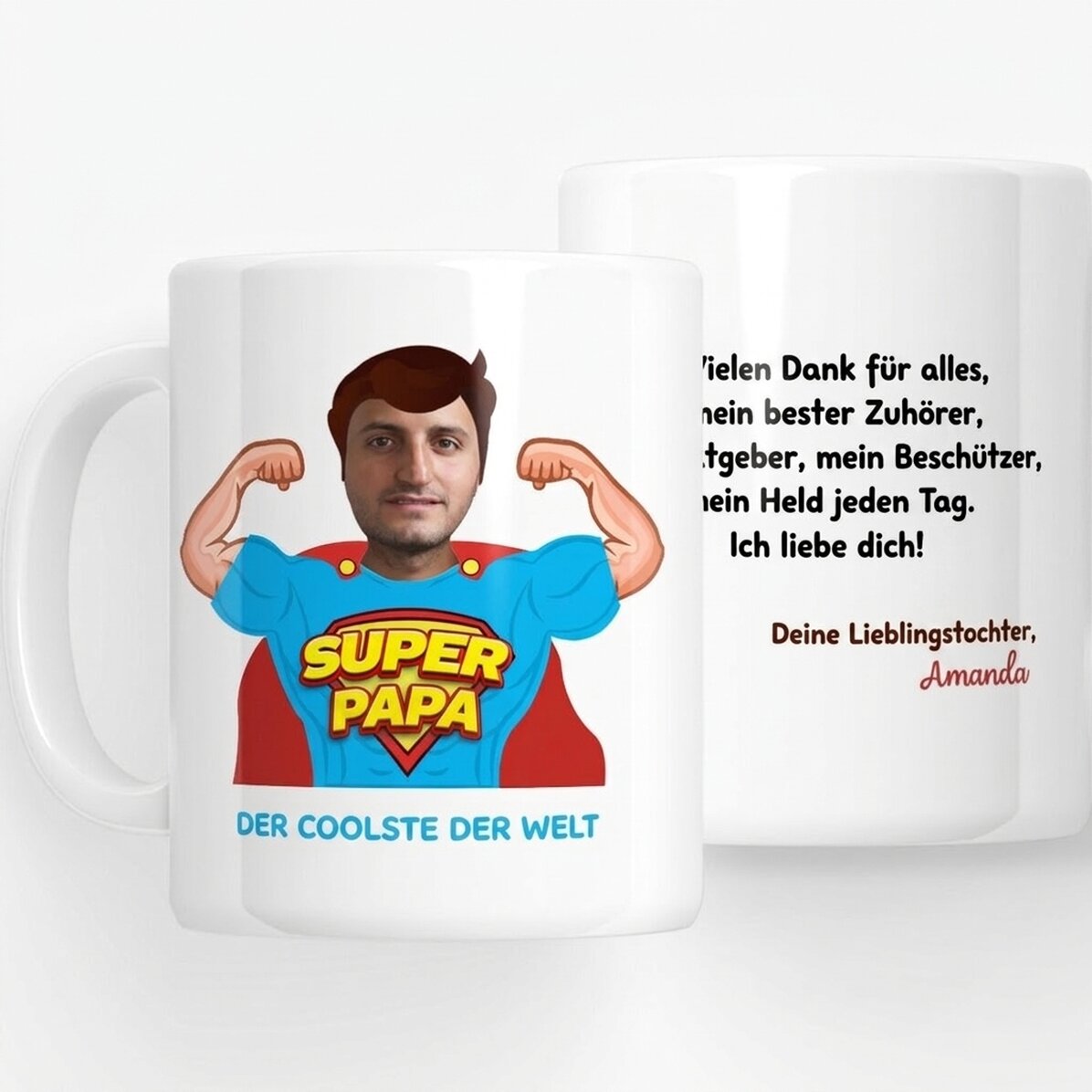 Personalisierte Tasse mit Foto und Botschaft – Papa, mein Held