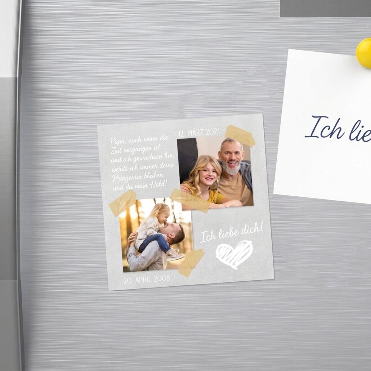 Individuell gestalteter Magnet 10x10 mit 2 Fotos und Text – Time