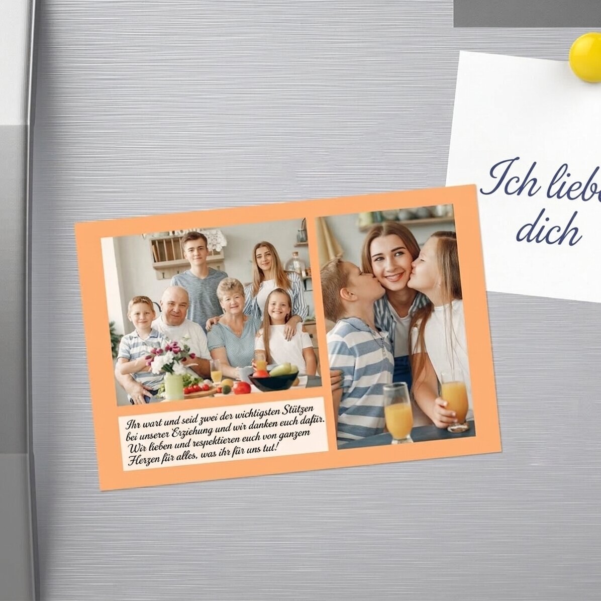 Individuell gestalteter Magnet (10 x 15 cm) mit Text und 2 Fotos – Vielen Dank!