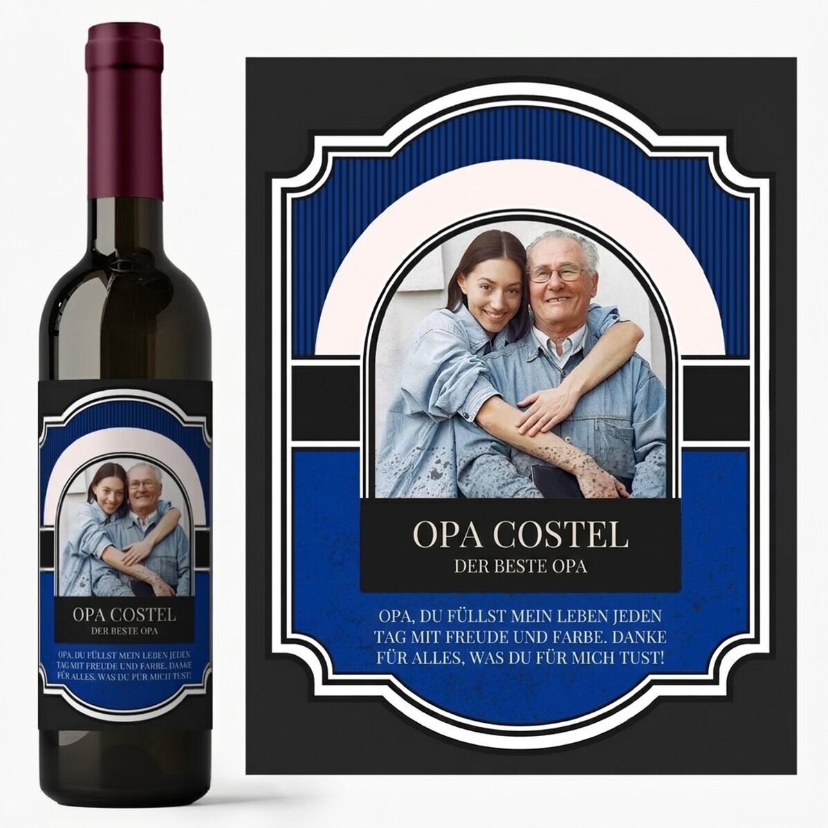 Personalisierter Wein mit Text und Foto für den Großvater