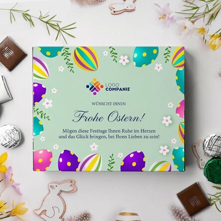 Personalisierte Pralinenschachtel mit Logo und Grußtext – Frohe Ostern!