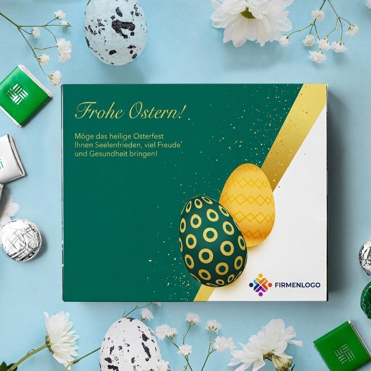 Personalisierte Pralinenschachtel mit Logo und Botschaft – Ostern