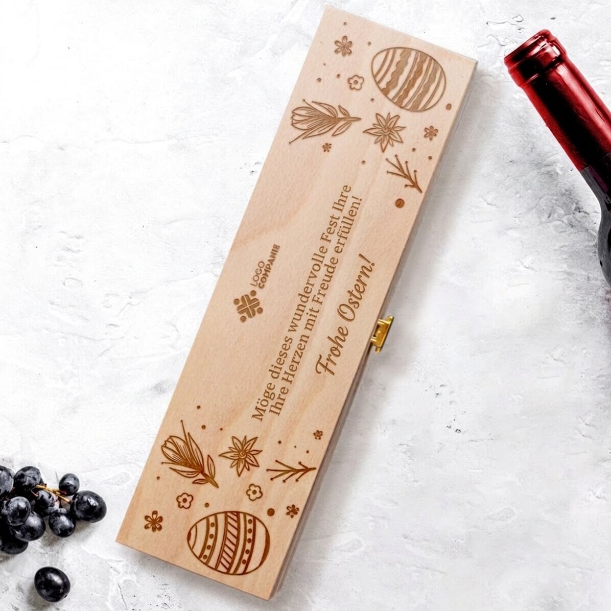 Personalisierte Weinkiste mit Text und Logo – Frohe Ostern