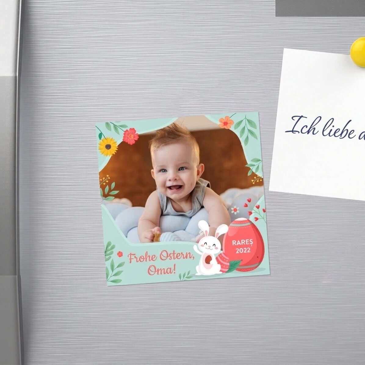 Individuell gestalteter Magnet (10 x 10) mit Foto und Text – Frohe Ostern