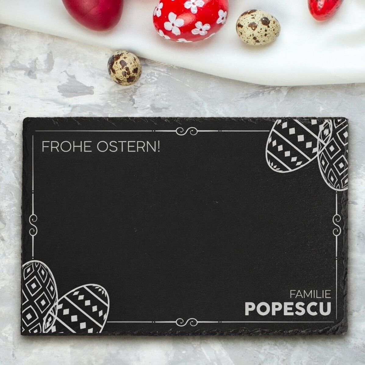 Individuell gravierte Schieferplatte mit Text – Ostern mit der Familie