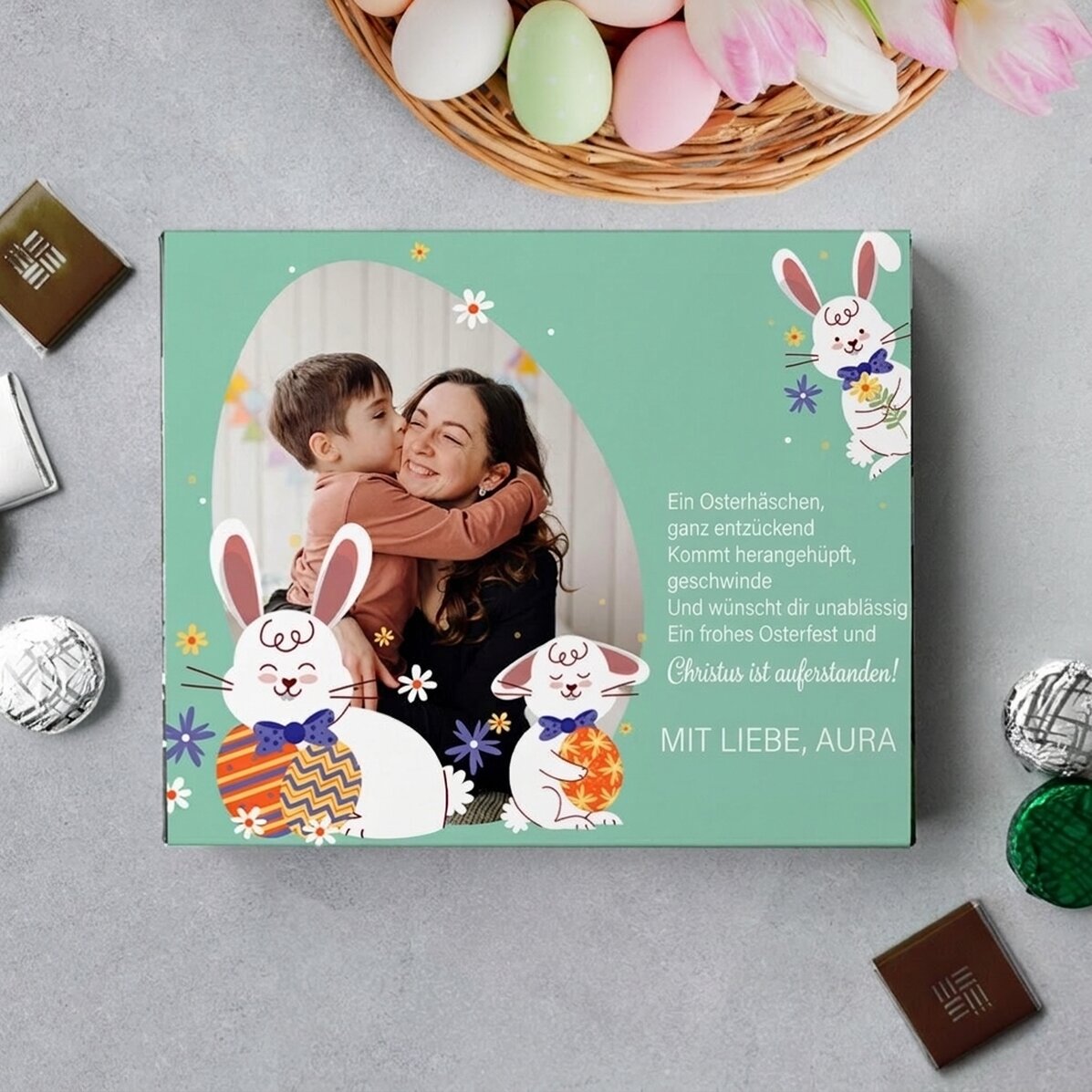 Personalisierte Pralinenschachtel mit Foto und Botschaft – Hase