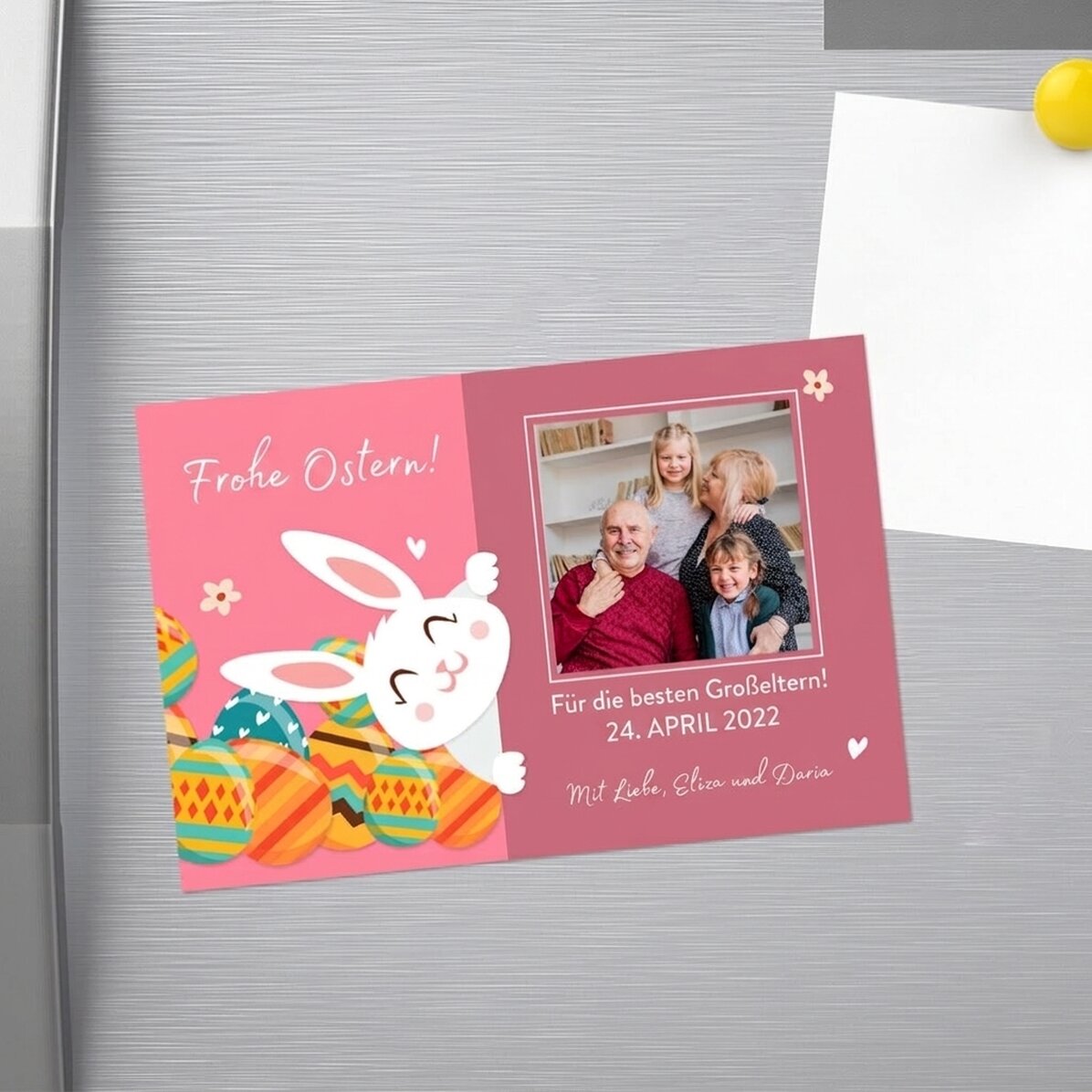 Individuell gestalteter Magnet (10 x 15 cm) mit Text und Foto – Osterhase