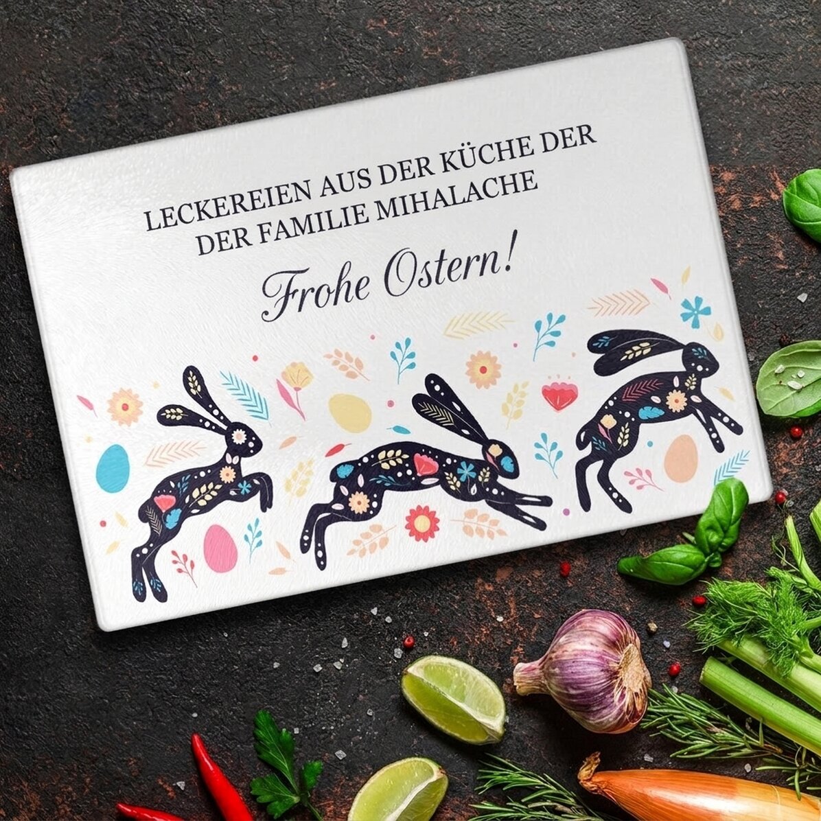 Individuell gestalteter Glaszerkleinerer mit Schriftzug – Frohe Ostern!
