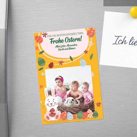 Individuell gestalteter Magnet (10 x 15 cm) mit Text und Foto – Frohe Ostern