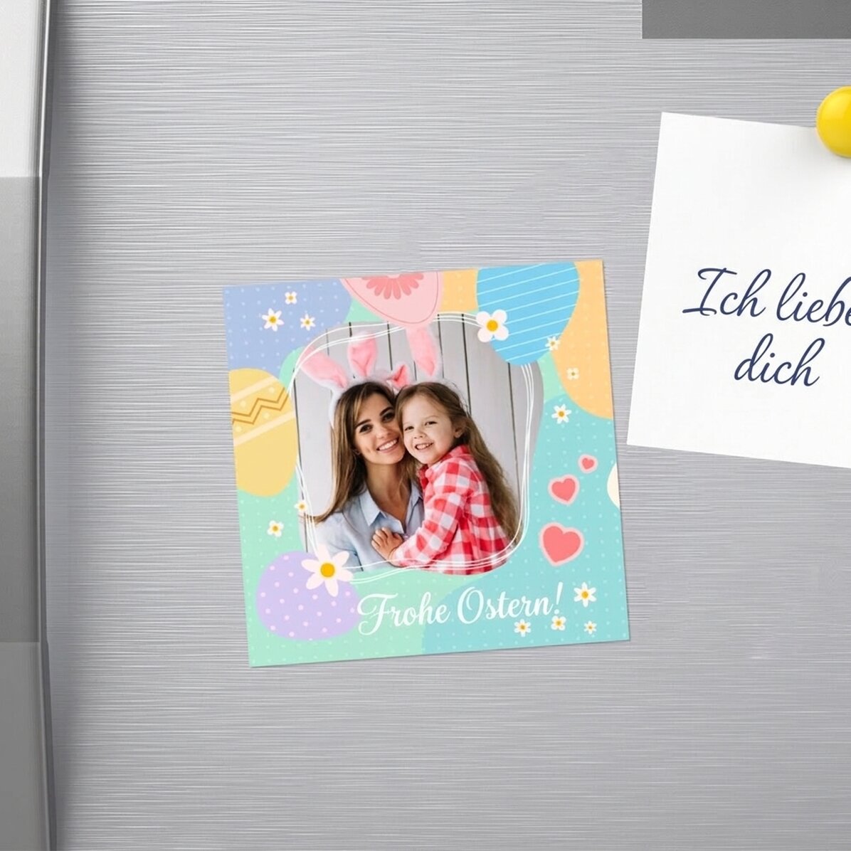 Individuell gestalteter Magnet 10x10 mit Foto und Text – Frohe Ostern