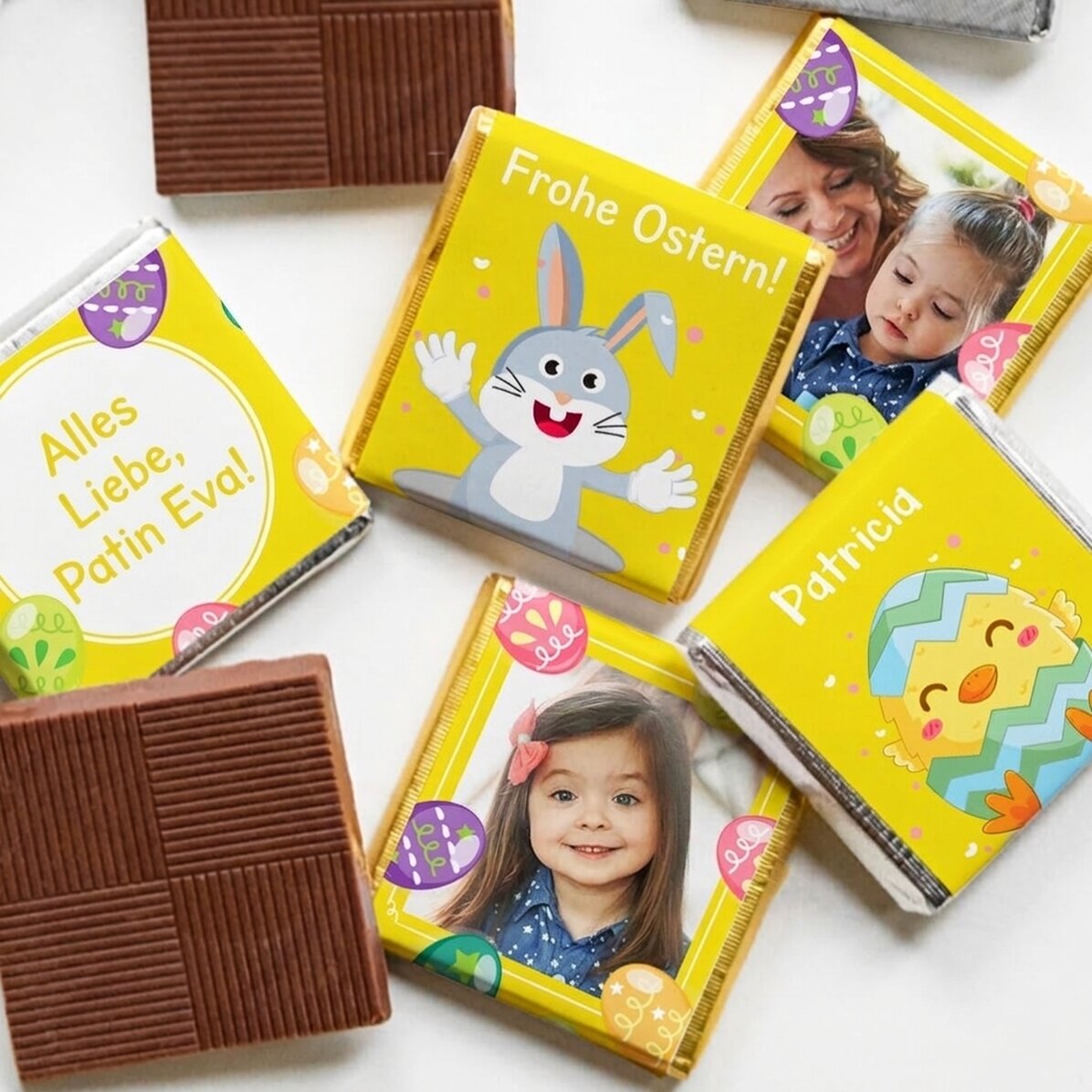 Set mit 5 personalisierten Mini-Pralinen mit Fotos und Text – Ostern