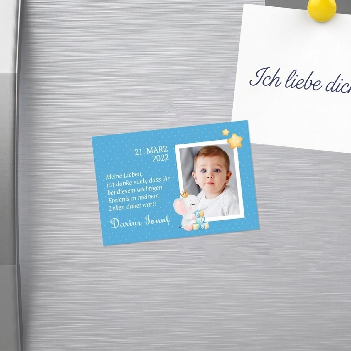 Individuell gestalteter Magnet (10 x 7 cm) mit Foto und Text – Taufurkunde