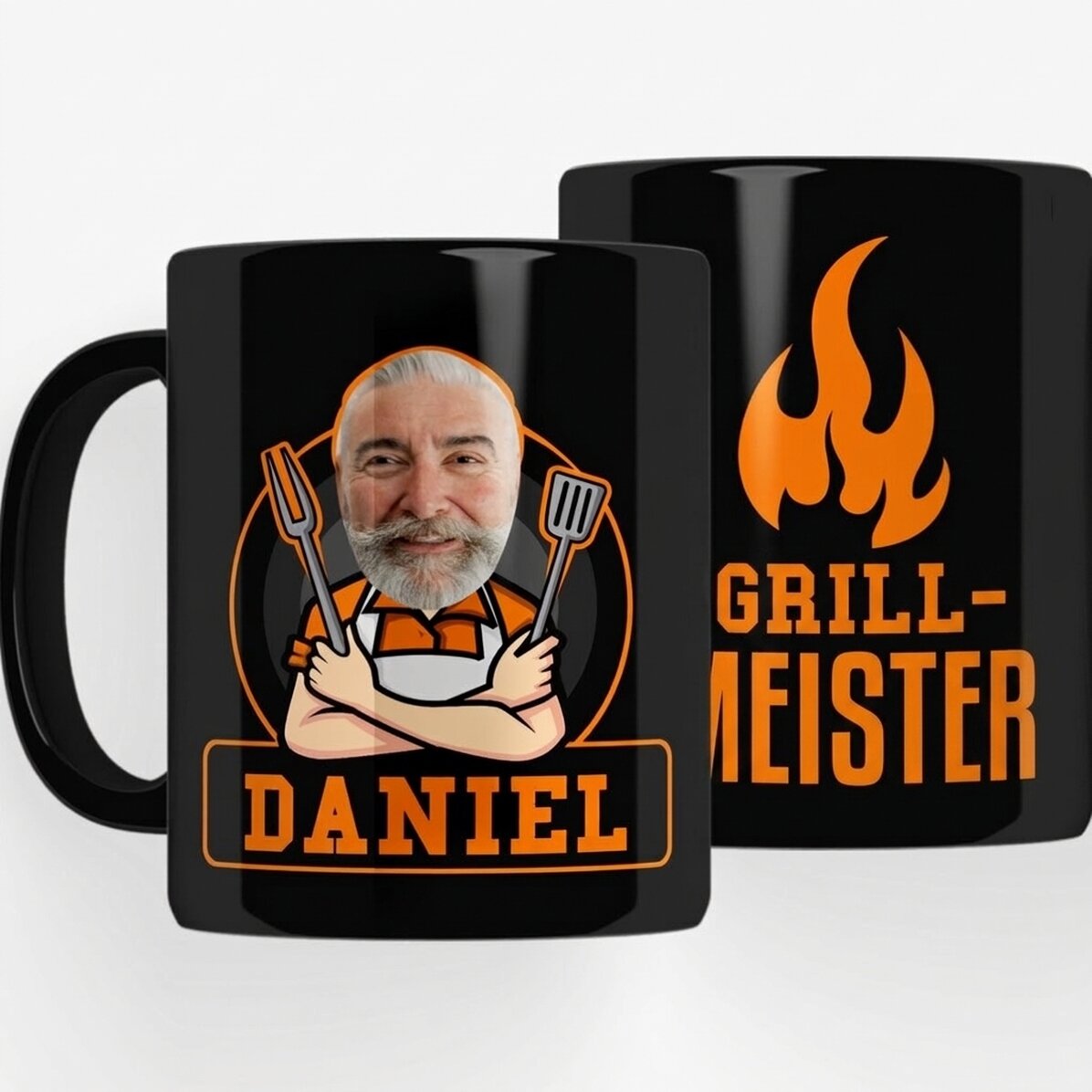 Personalisierter schwarzer Becher mit Aufdruck für Grillfans