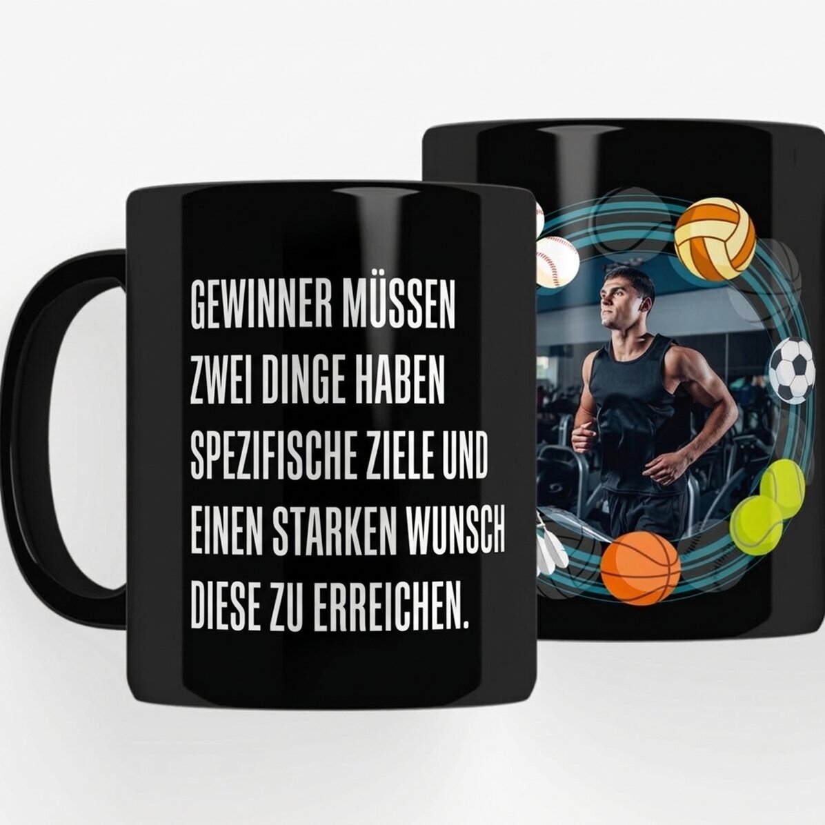 Personalisierte schwarze Tasse mit Aufdruck für Sportler