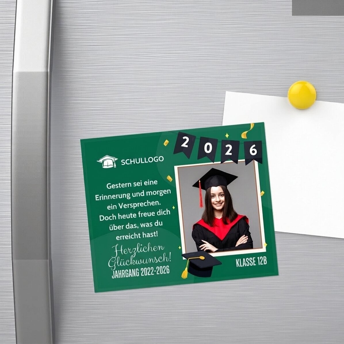 Individuell gestalteter Magnet (12 x 10 cm) mit Logo, Foto und Text – Herzlichen Glückwunsch zum Abs