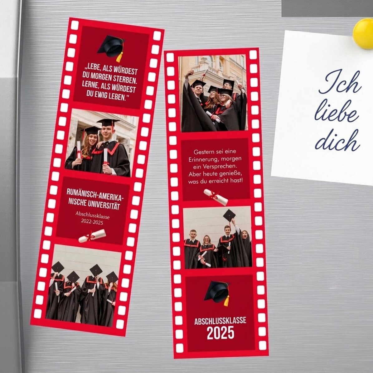 Set mit 2 personalisierten Magneten mit Fotos und Text zum Schulabschluss