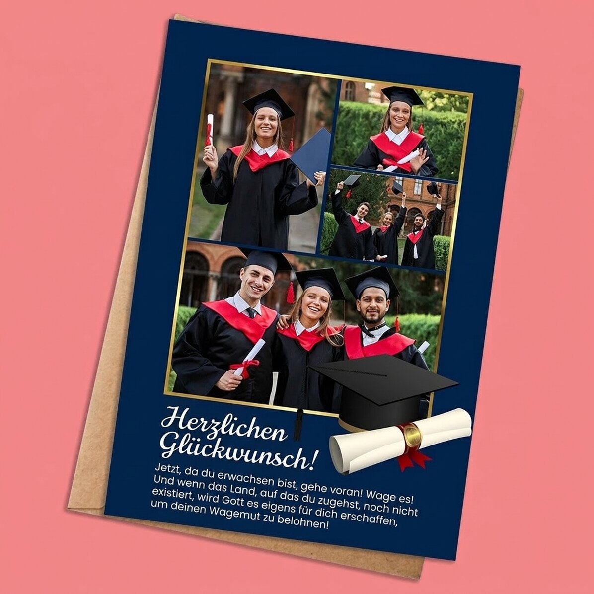 Individuell gestaltete Karte mit 4 Fotos und Text zum Schulabschluss