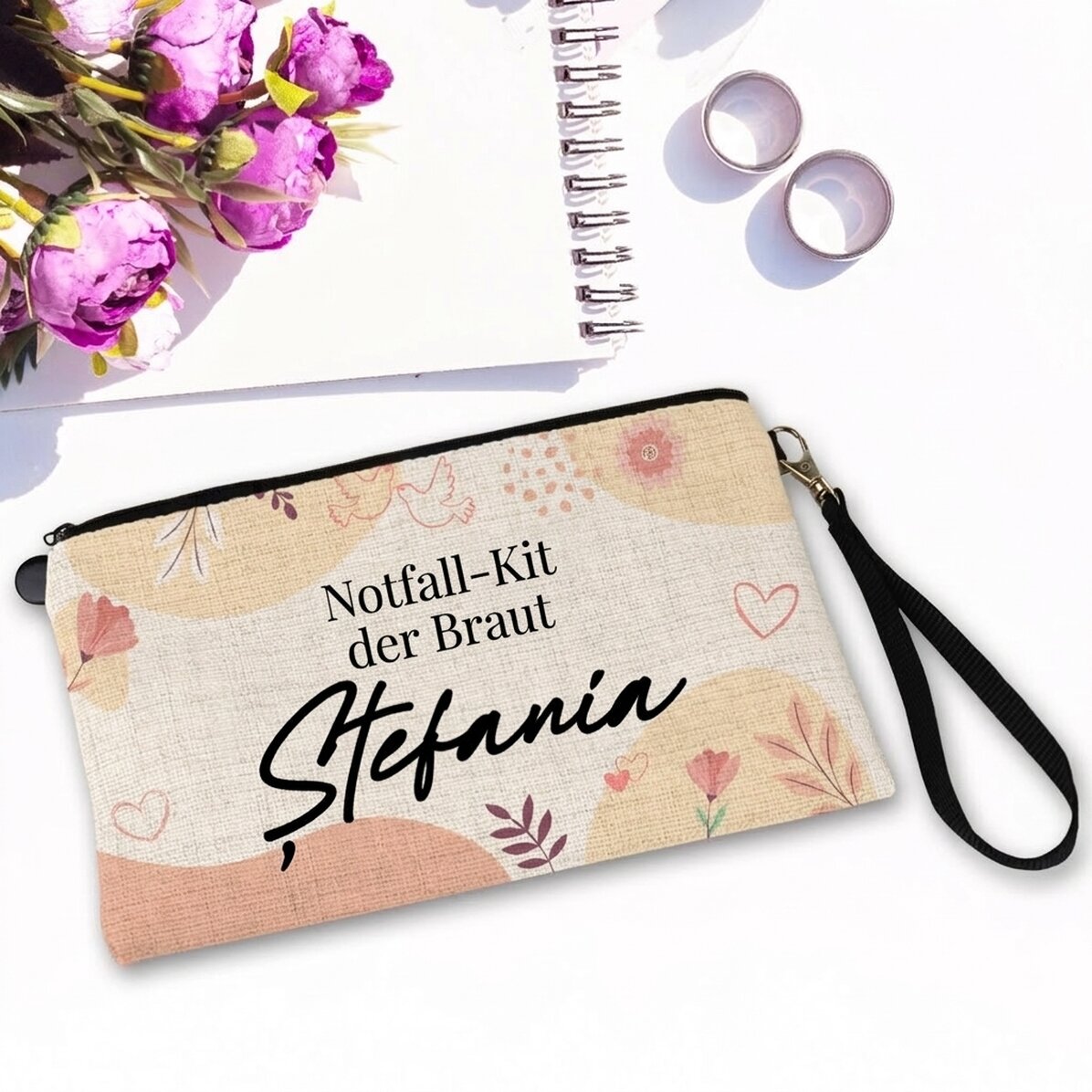 Personalisierte Accessoire-Tasche mit Text – Das Notfall-Set für die Braut