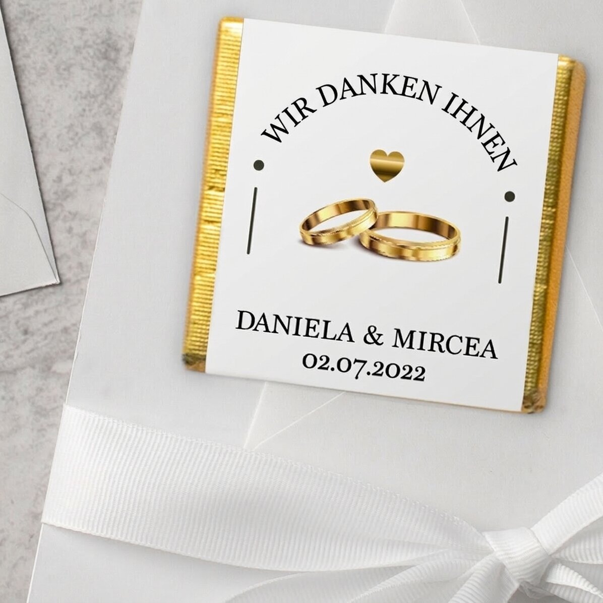 Personalisierte Mini-Schokoladenpralinen als Hochzeitsgeschenk mit Text – Vielen Dank