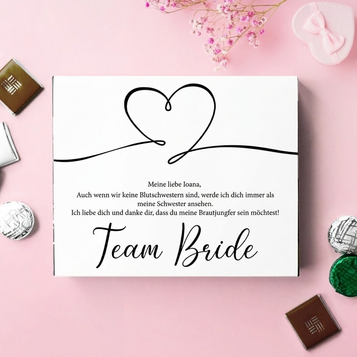 Personalisierte Pralinenschachtel mit Botschaft – Team Bride