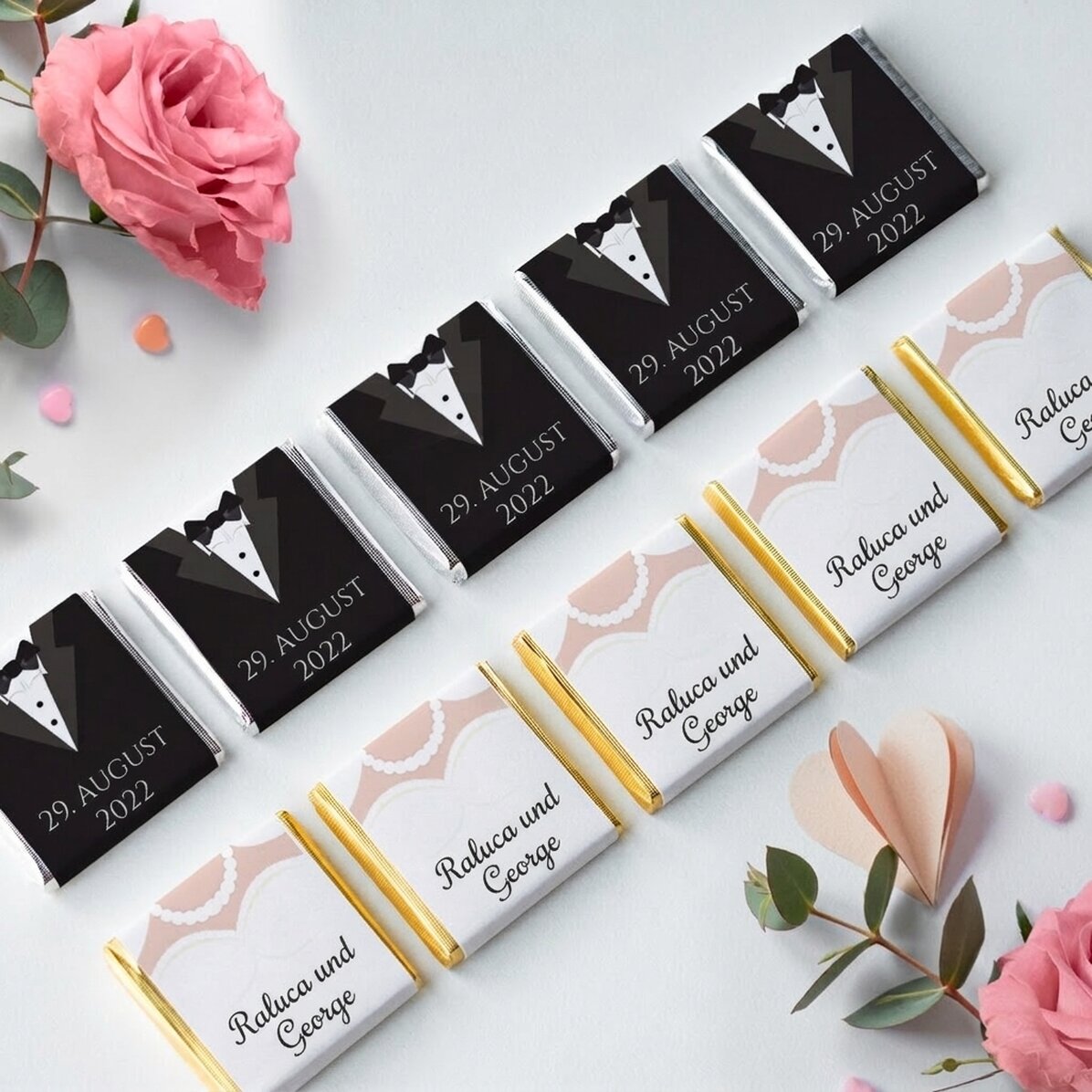 Set mit 10 personalisierten Mini-Pralinen mit Schriftzug – Mr and Mrs