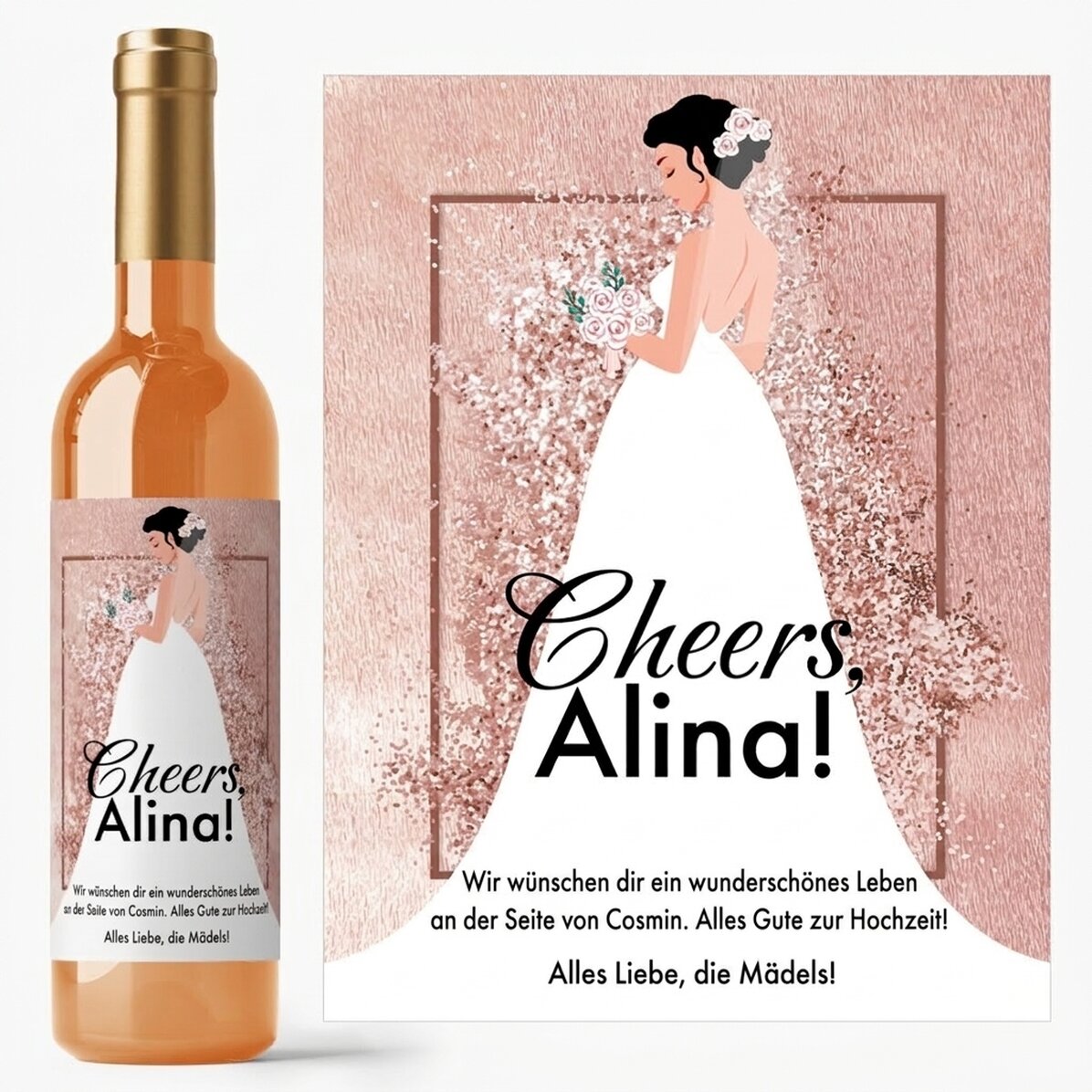 Personalisierter Wein mit einer Botschaft für die zukünftige Braut