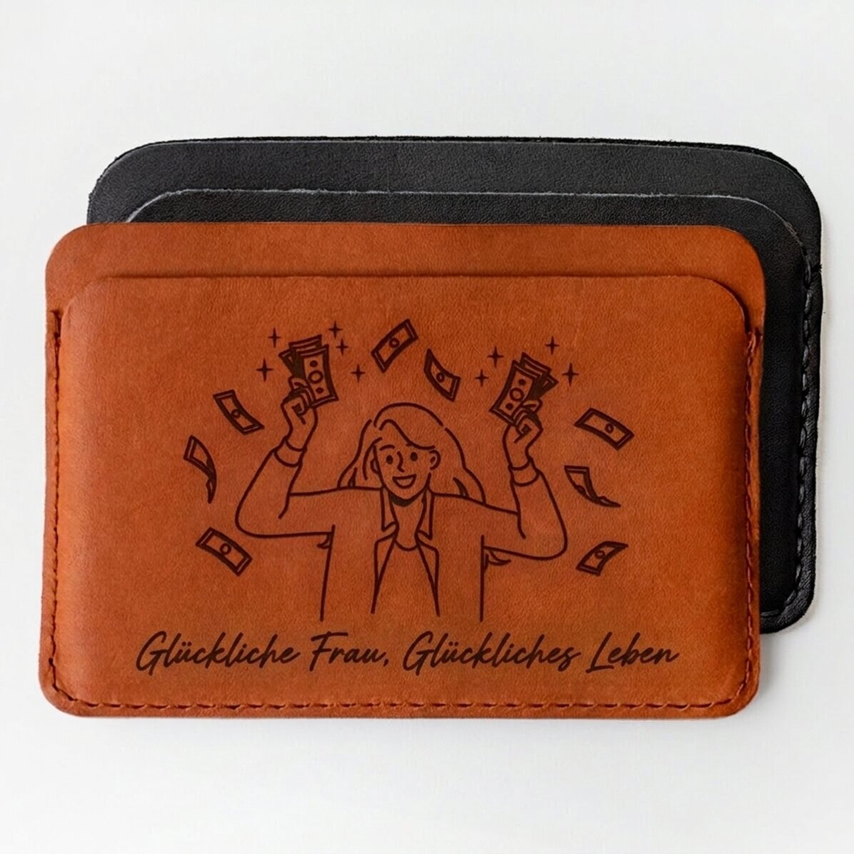 Personalisierte Lederbrieftasche mit der Aufschrift „Happy wife, Happy life“