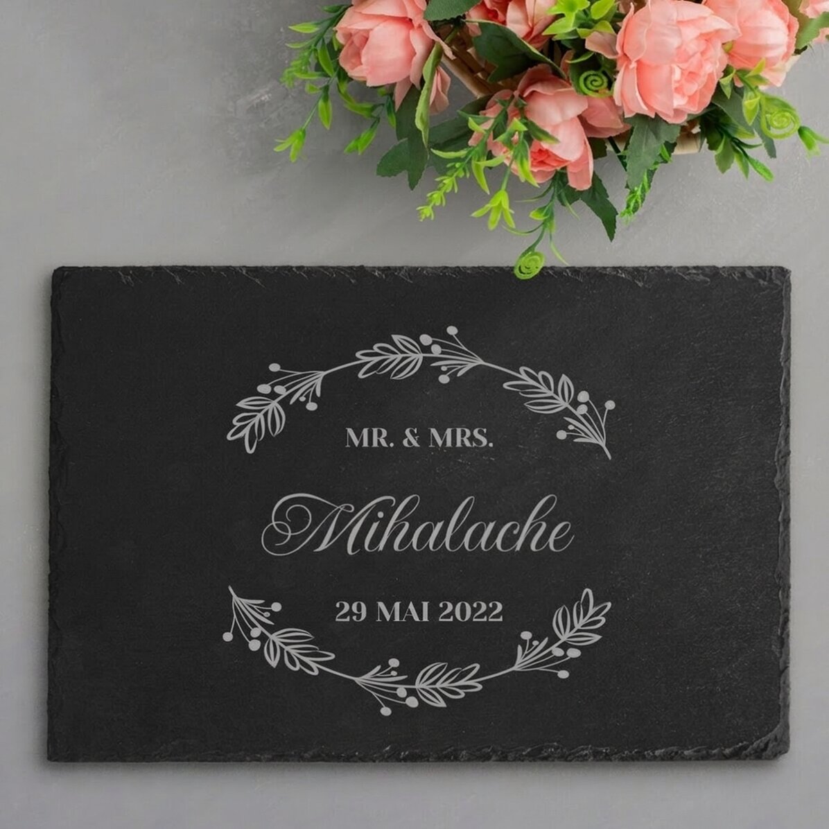 Individuell gravierte Schieferplatte mit Text – Hochzeit