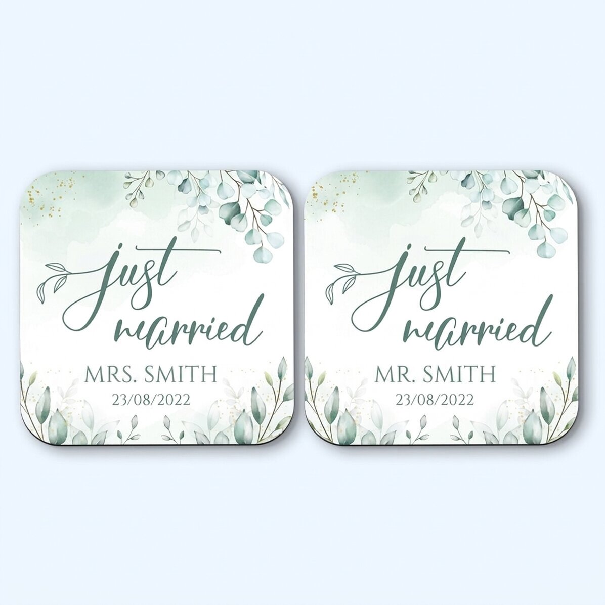 Set mit 2 personalisierten Untersetzern mit Schriftzug – Just Married Elegance