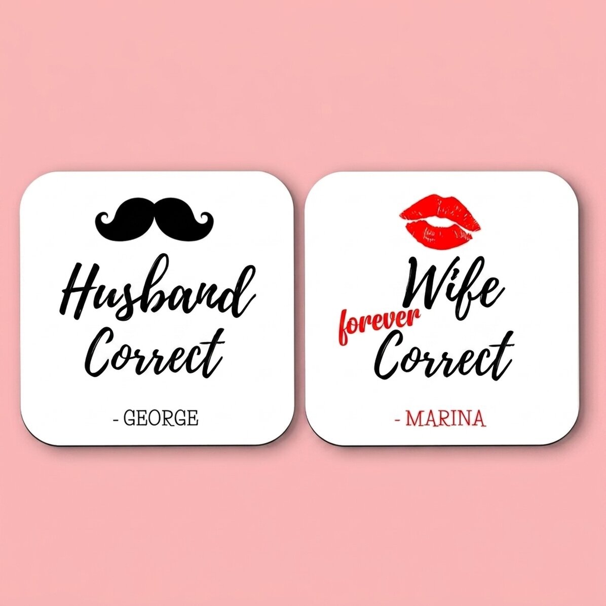 Set mit 2 personalisierten Untersetzern mit Text – Mr and Mrs Right