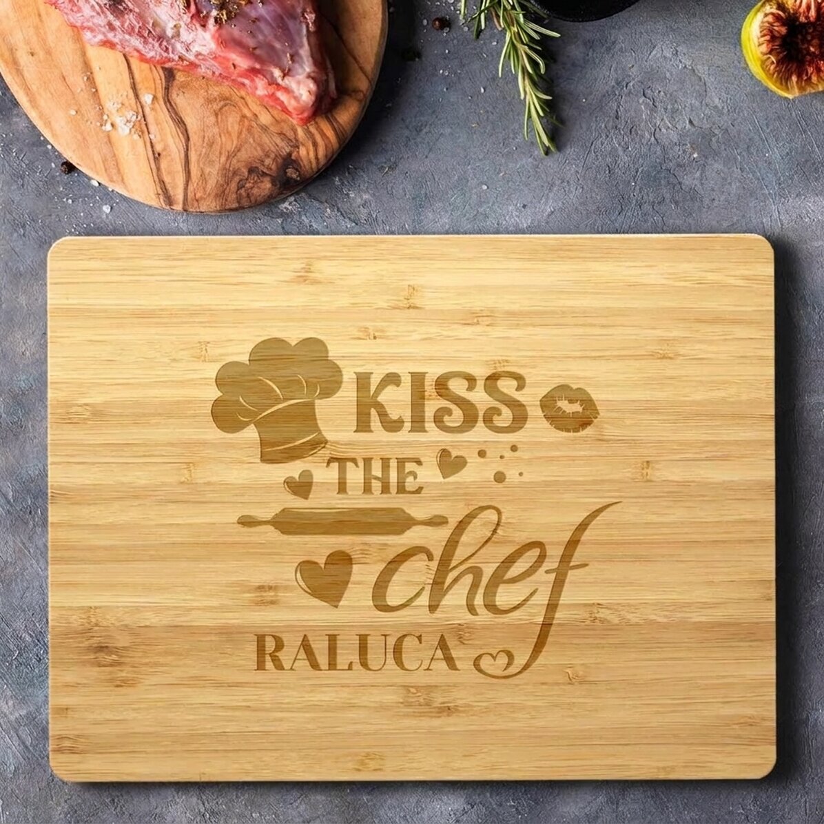 Rechteckiger Bambus-Schneidebrett, individuell mit Text bedruckt – Kiss the chef