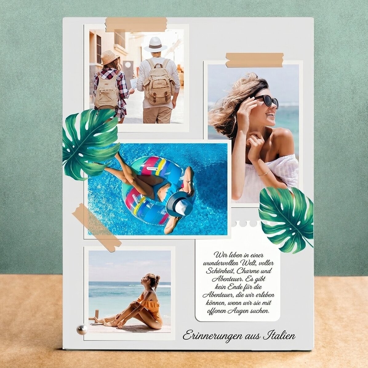 Personalisierter Fotorahmen für den Schreibtisch mit 4 Fotos und Text – Urlaubserinnerungen