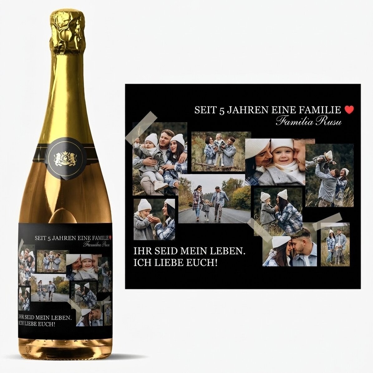 Personalisierter Sekt mit einer Botschaft und 9 Fotos