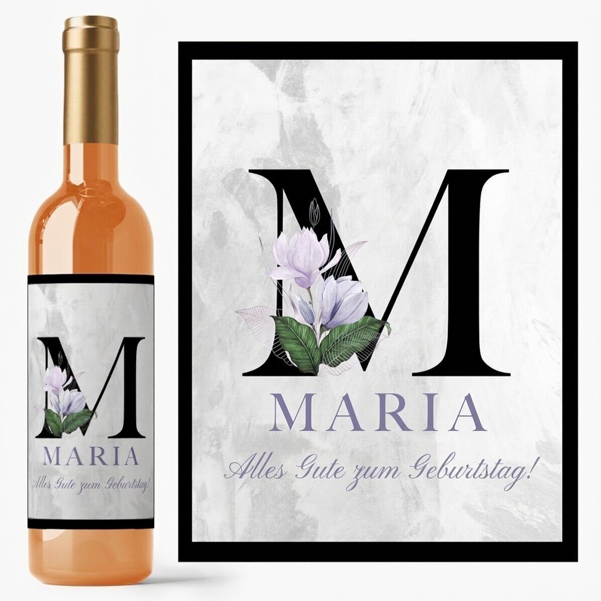 Personalisierter Wein mit Initiale, Namen und Botschaft – Floral