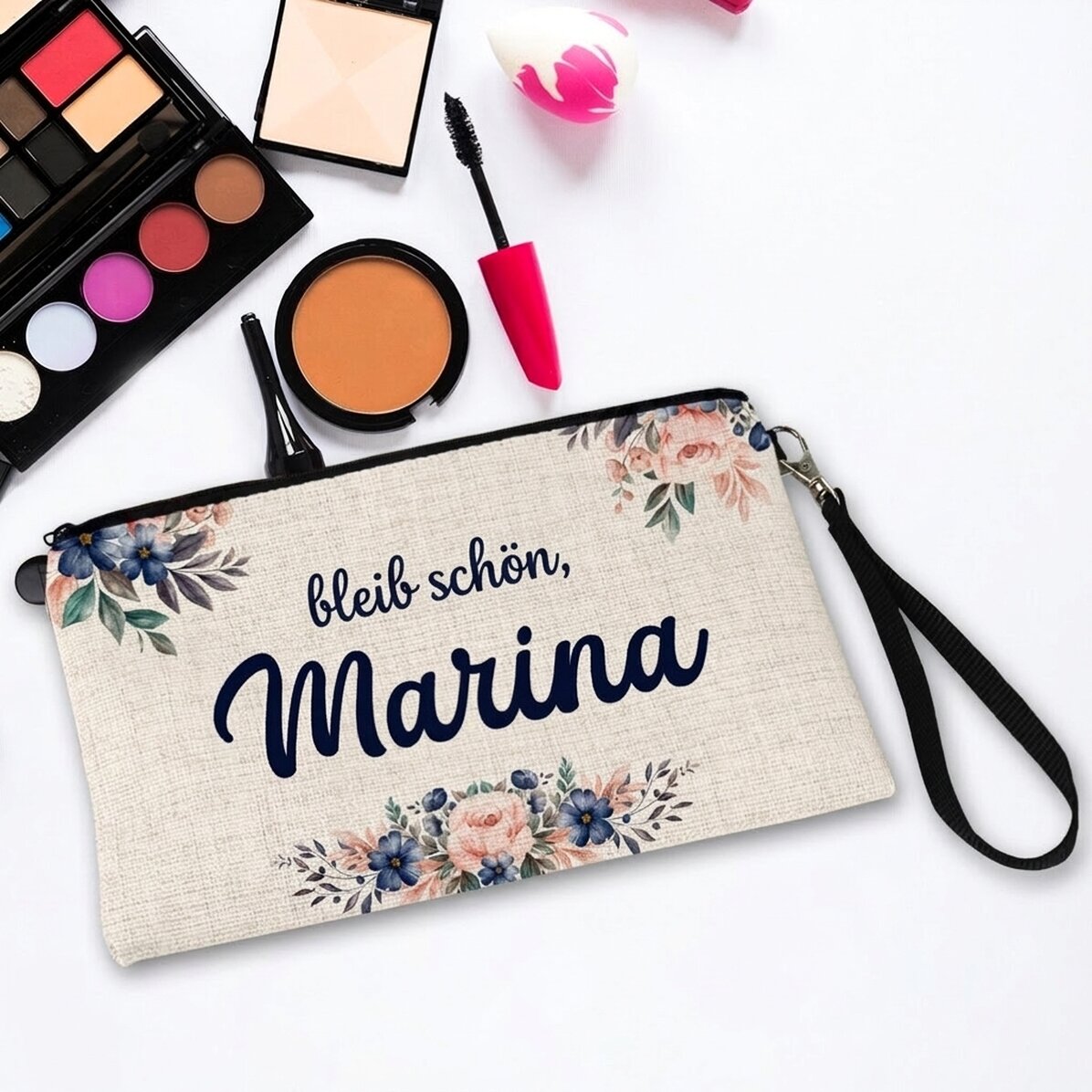 Personalisierte Accessoire-Tasche mit Text – Floral