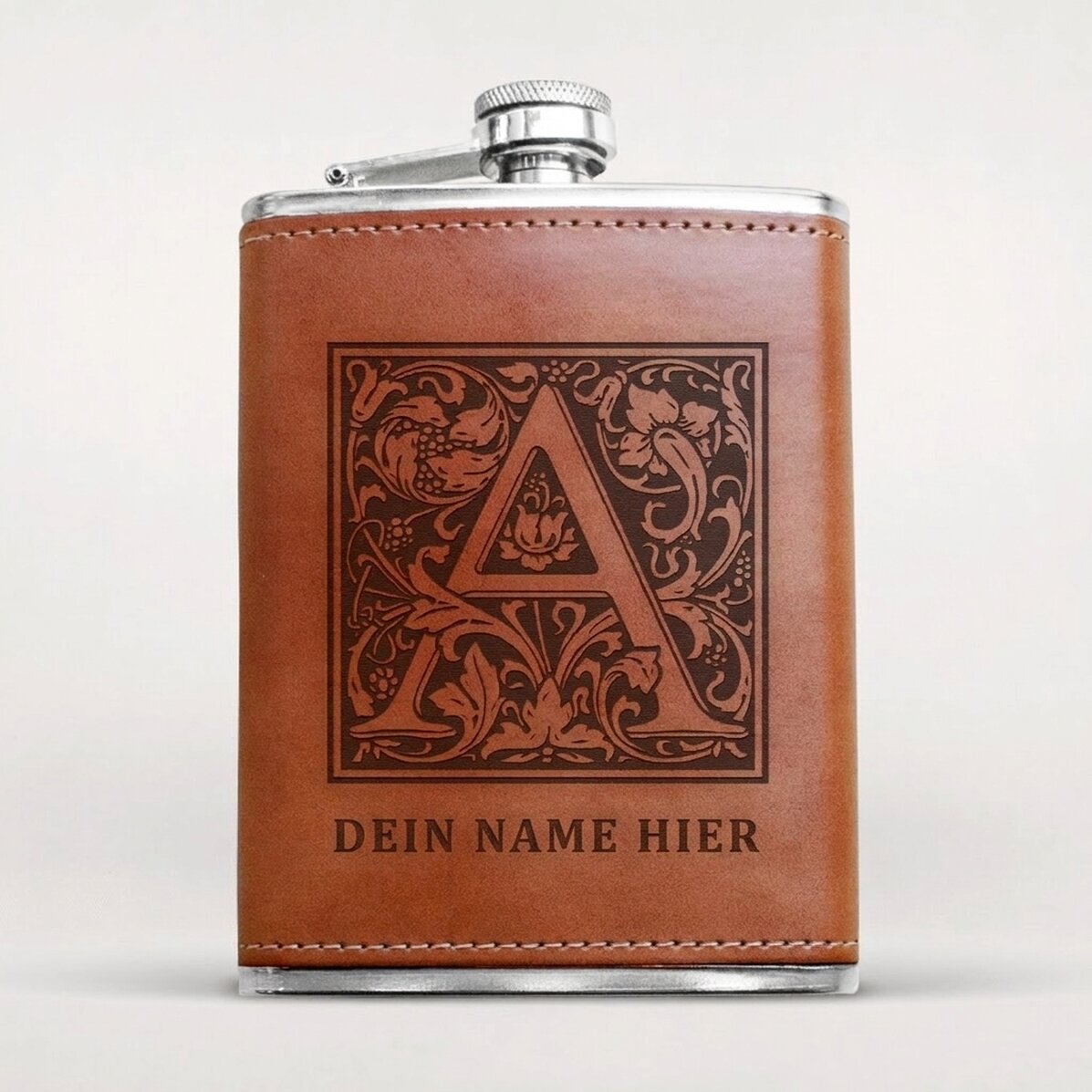 Personalisierte, mit Leder bezogene Taschenflasche mit Text – Monogramm und Name