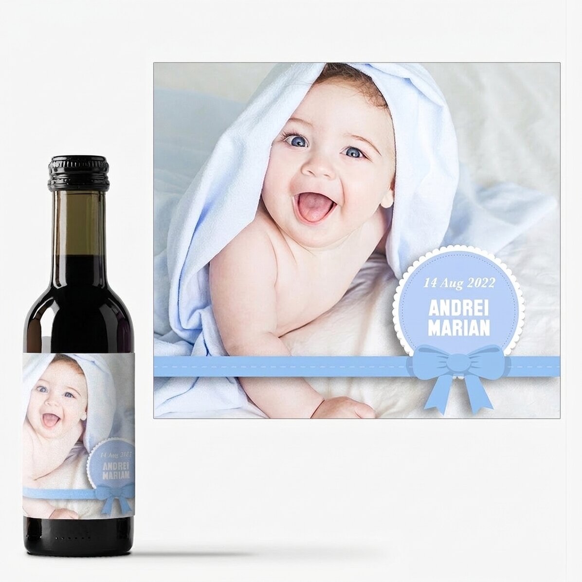 Kleine Weinflasche, individuell gestaltet mit einem Foto und einem Text – Taufgeschenk für einen kle