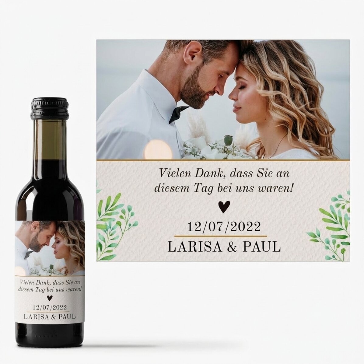 Kleine Weinflasche als personalisiertes Geschenk mit Foto und Text – Vielen Dank!