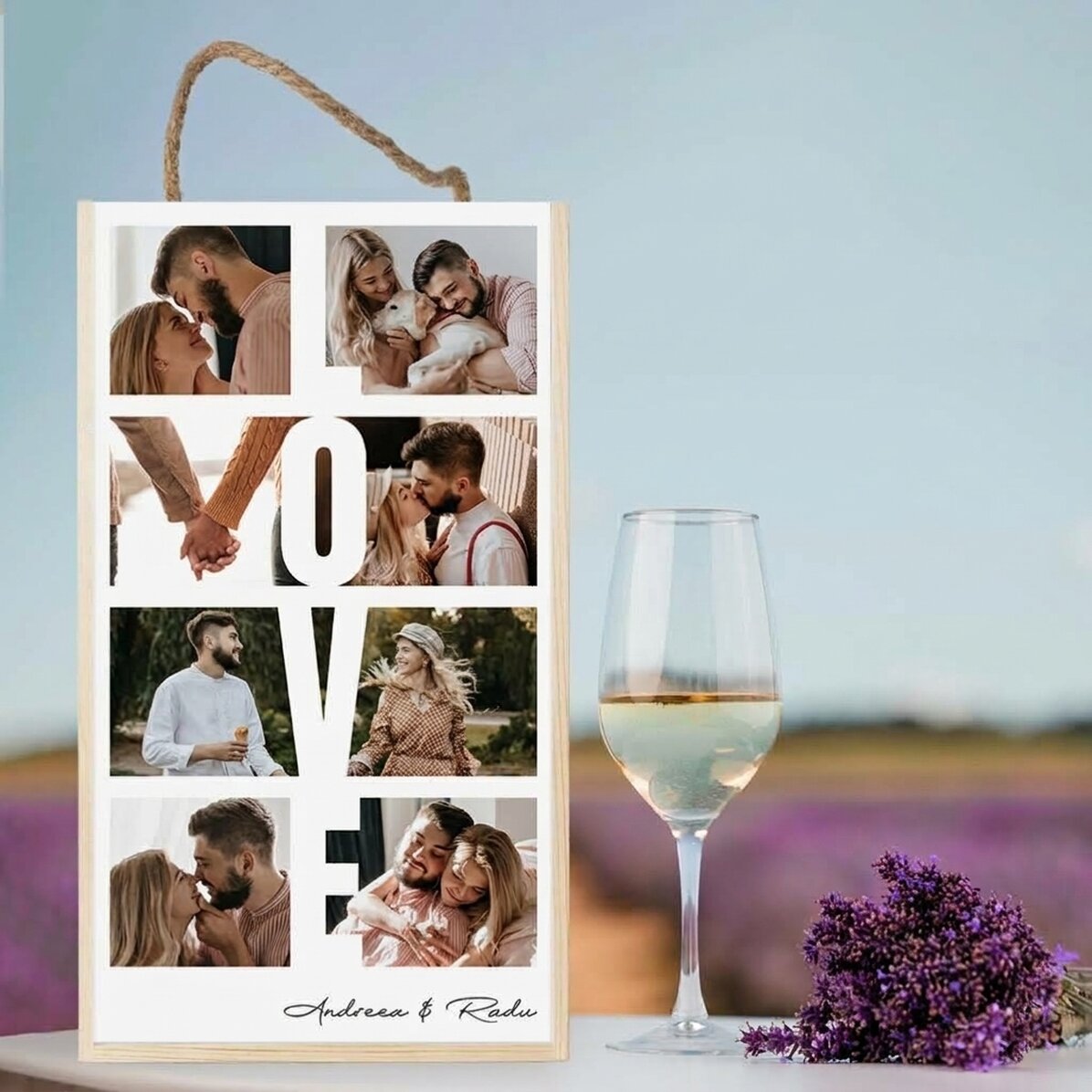Personalisierte Weinkiste für 2 Flaschen mit 8 Fotos und einer Botschaft – LOVE