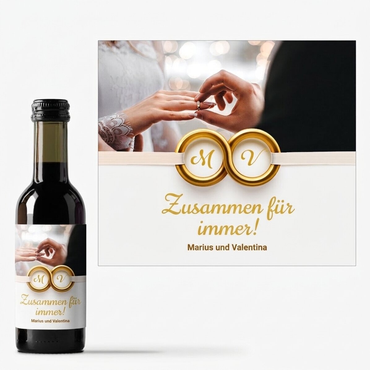 Personalisierte Mini-Weinflasche mit Foto und Text – Für immer zusammen