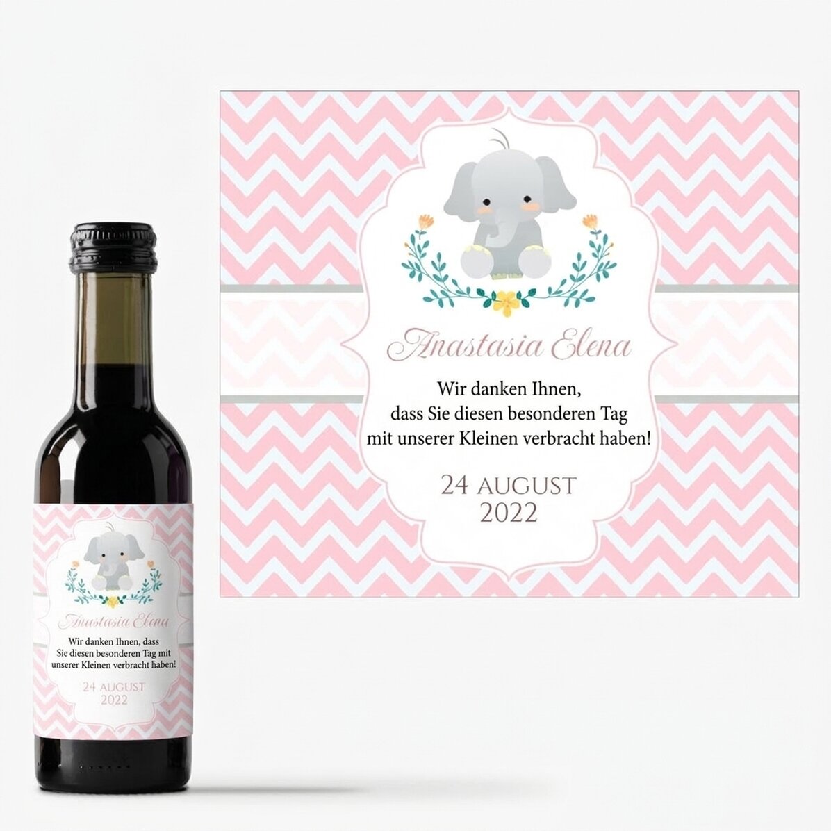 Personalisierte Mini-Weinflasche als Taufgeschenk mit Text – Elefant