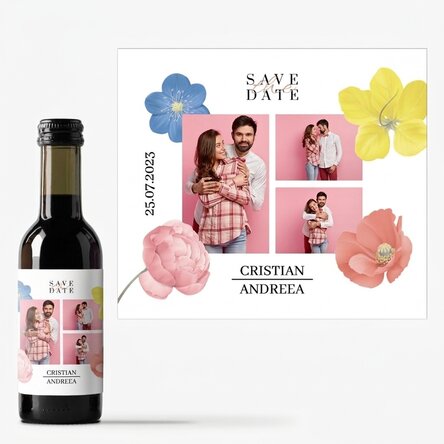 Personalisierte Mini-Weinflasche mit 3 Fotos und Text – Save the Date