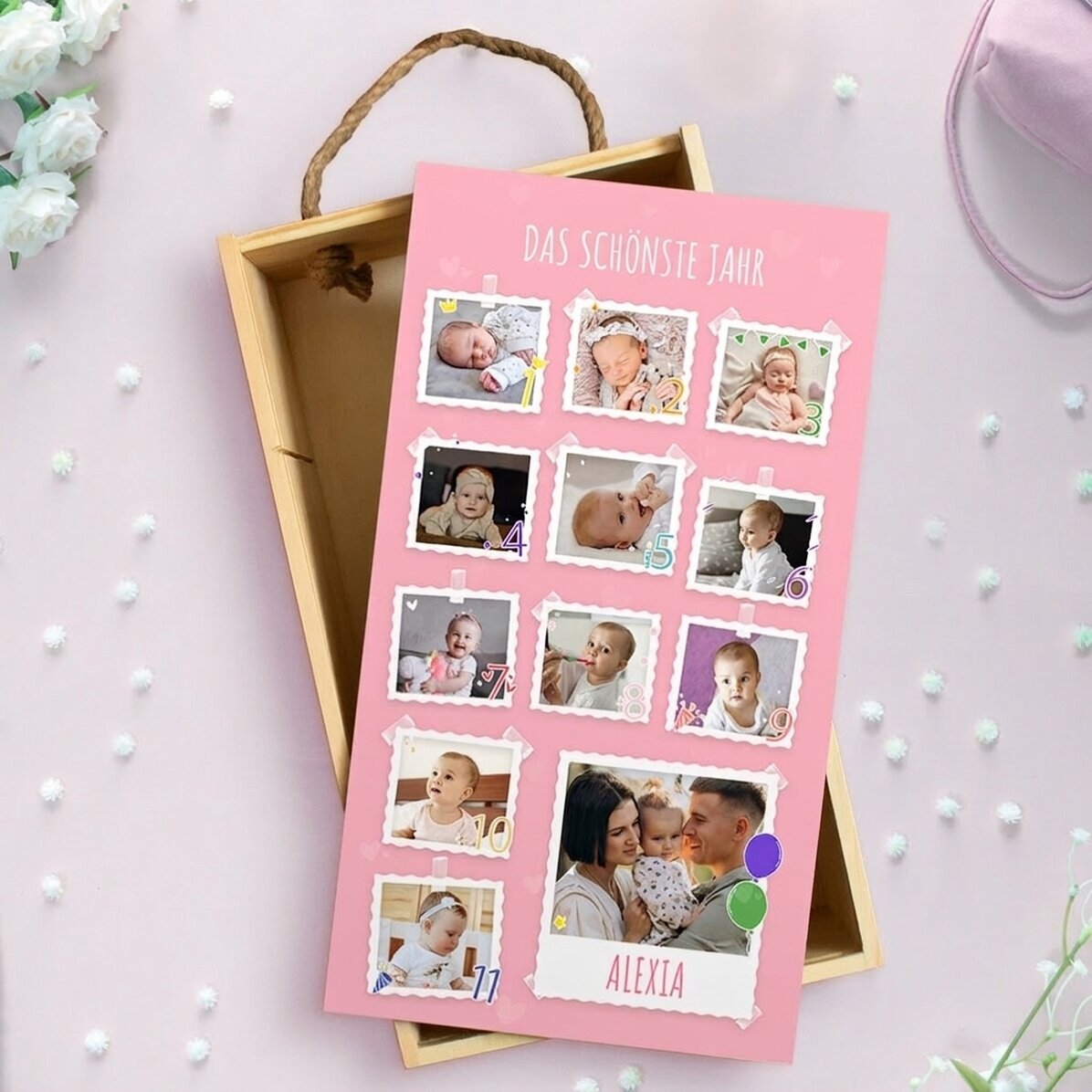 Personalisierte Geschenkbox aus Holz mit 13 Fotos und Text – Erster Geburtstag