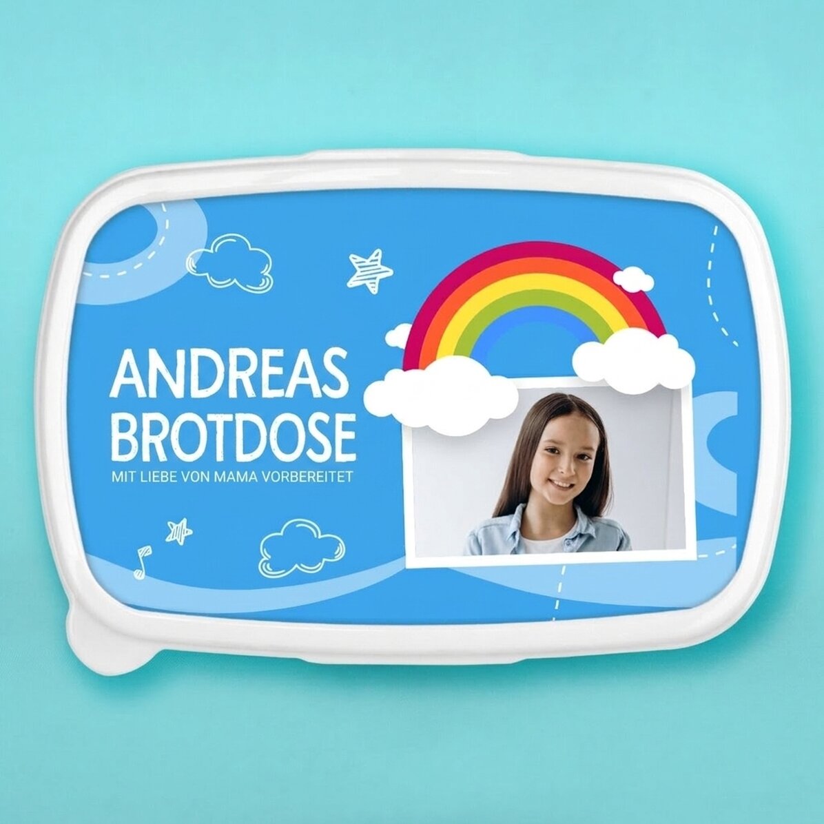 Lunchbox, personalisierte Auflaufform mit Foto und Namen – Modell „Regenbogen“